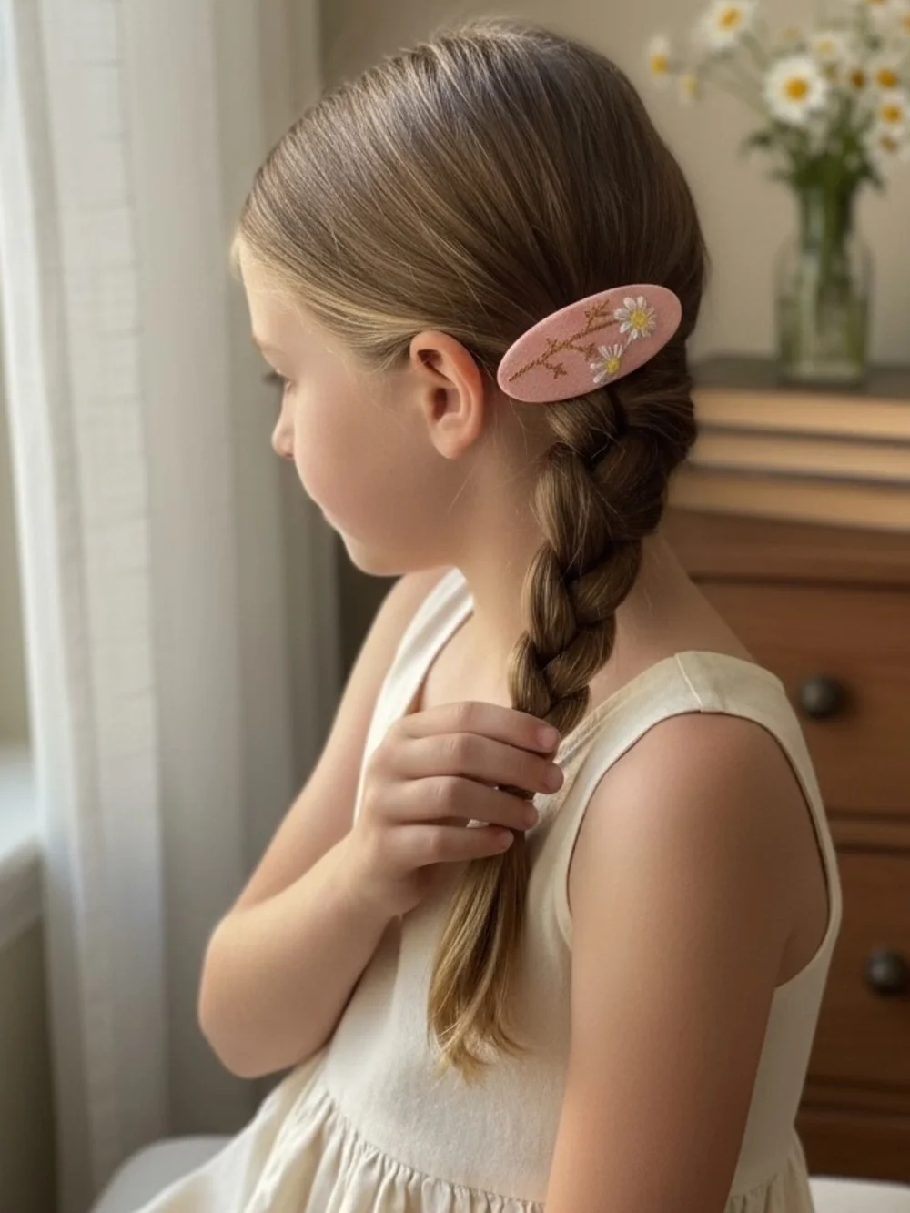 Kids Pink Floral Embroidered Hair Clip
